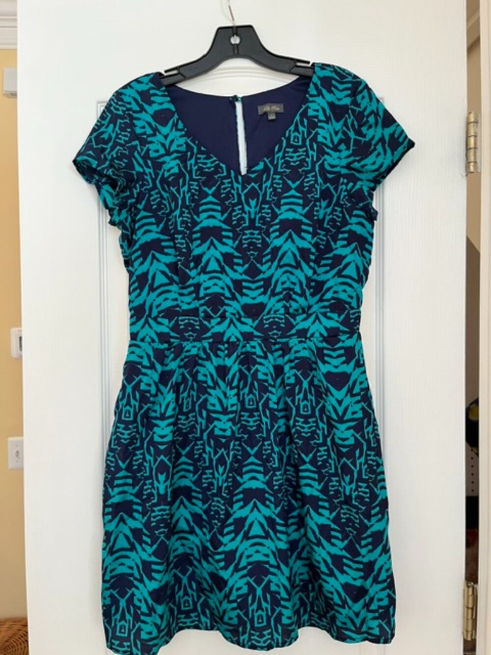 Lily Rose Teal & Navy Geometric Fit‑and‑Flare Dress – Size L